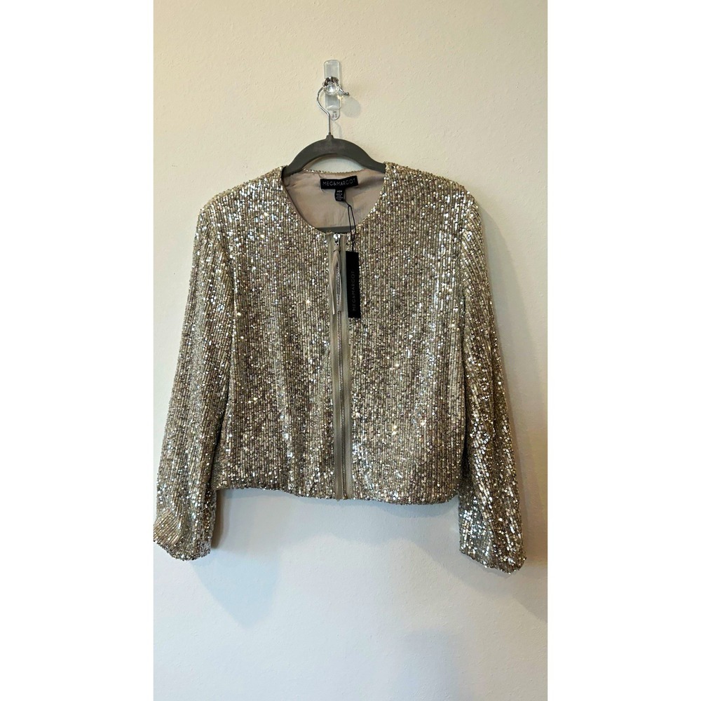 Meg & Margot Silver Sequin Lined Cropped Zip Short Jacket Long Sleeve Women's M